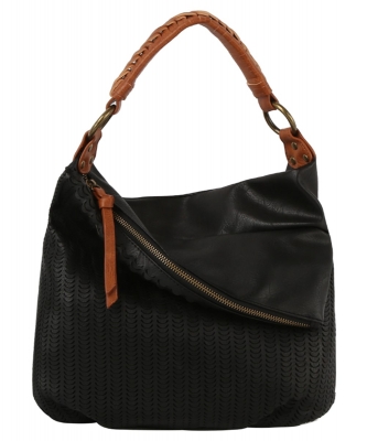 Laser Cut Printed Shoulder Bag Hobo K-0001-M BLACK